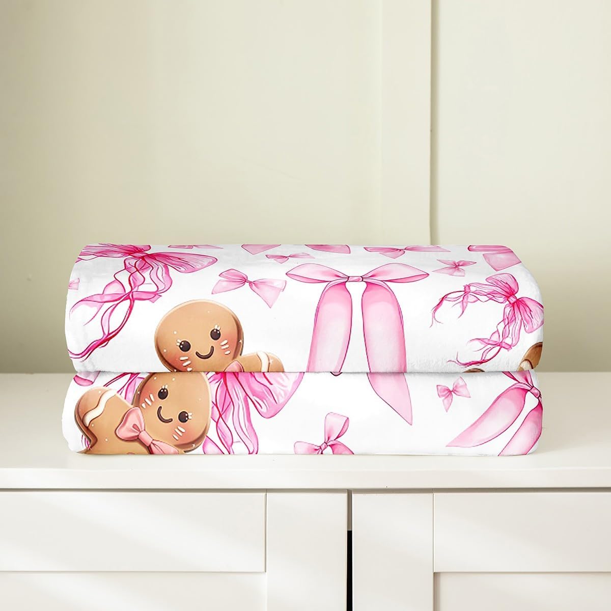 Feelyou Pink Bowknot Flannel Fleece Throw Blanket Gingerbread Man Fuzzy Blanket Twin 60"x80" for Sofa Couch Room Decor Merry Christmas Dreamy Princess All Season Bed Blanket Xmas Theme Plush Blanket