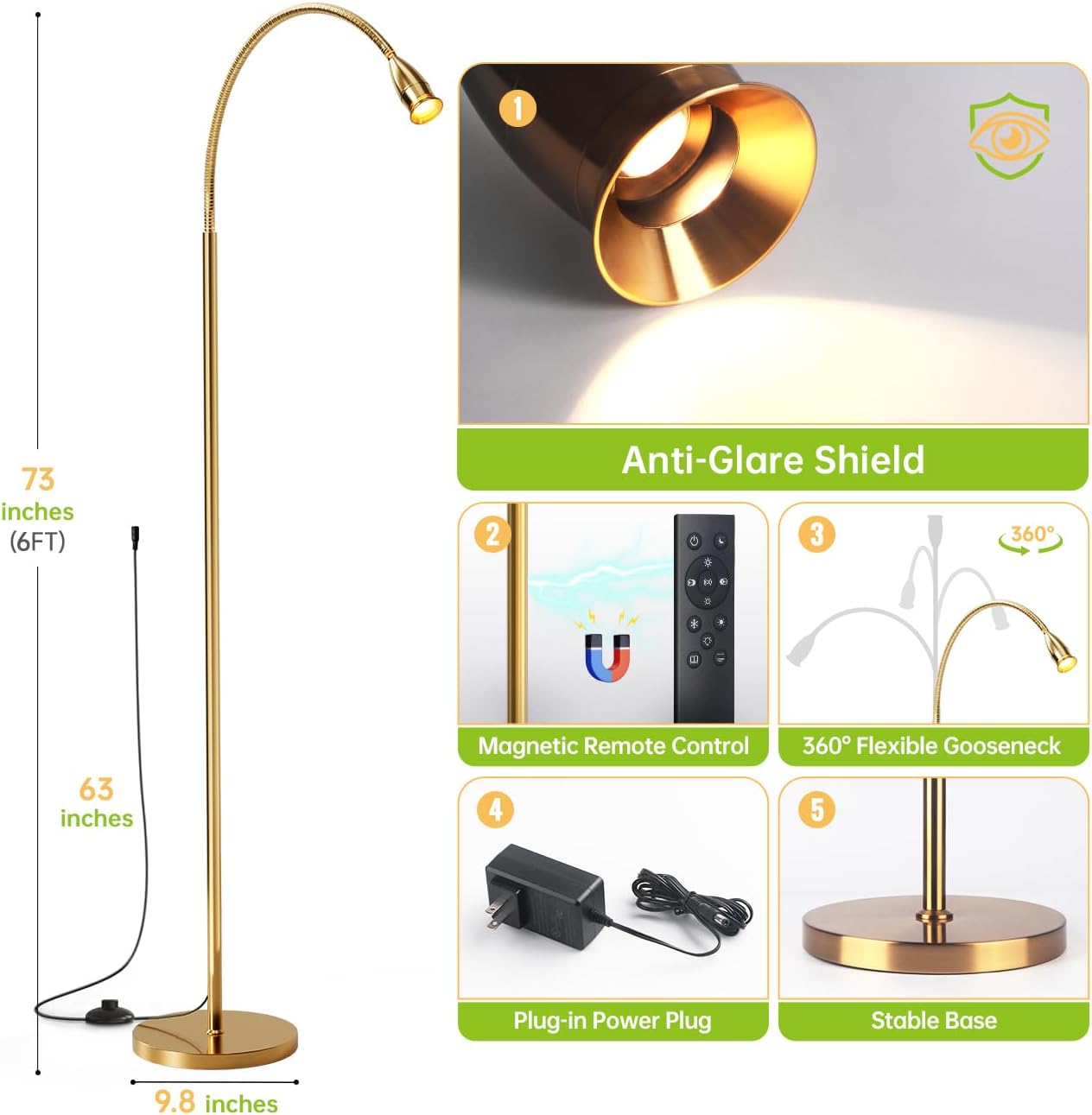 Reading Floor Lamp, 73" Standing Lamp with Dimmable Zoomable LED Spotlight, Adjustable Color Beam and Flexible Gooseneck, Remote & Pedal Control, for Reading Bedroom Crafting (Antique Brass)