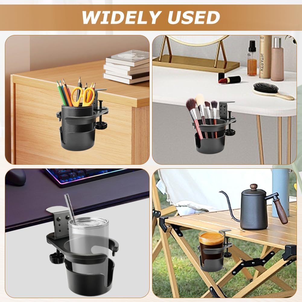Deep Desk Cup Holder Clamp 360° Rotating for Table, Anti-Spill Cup Holder for Desk, Office Accessories to Hold Coffee Mugs, Gift for School, Gamer and Office(Color:Black)