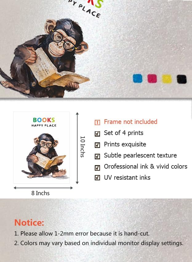 Cute Animal Reading Prints for Kids's Bedroom, Cool Kids Read Books Wall Art Poster | Motivational Quotes Painting Picture Artwork | Preschool Classroom & Library Home Decor 8x10in Unframed Set of 4