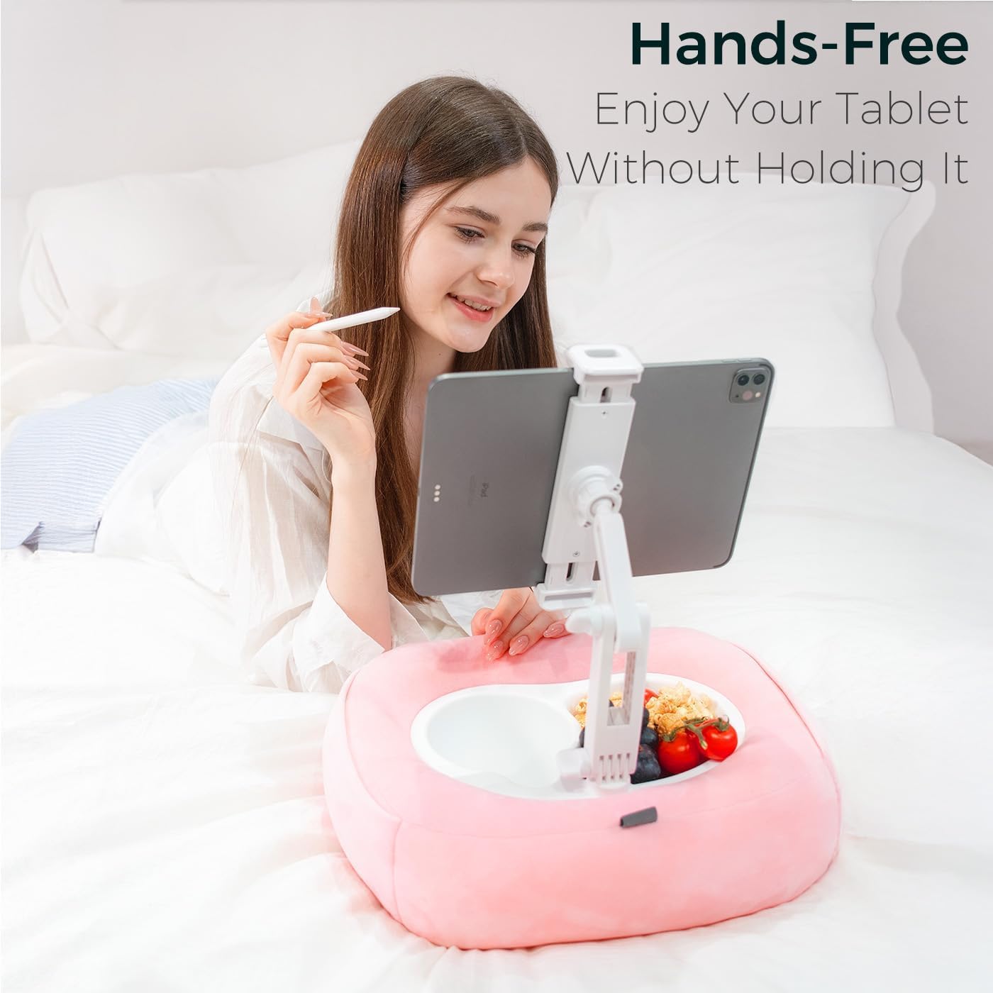 Tablet Pillow Stand, Adjustable Kindle Holder with 2 Snack Bowls, 360° Adjustable iPad Stand for Bed with 4.7''-13'' iPad, Kindle, Phone, Gift for Reading Accessories on Bed, Sofa, Pink