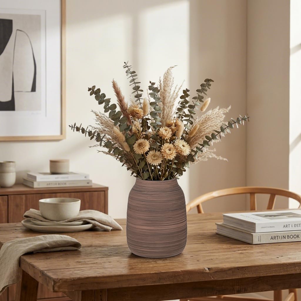 Briful Ceramic Vase for Home Decor, Rustic Brown Textured Decorative Vase for Pampas Grass, Modern Farmhouse Vase for Living Room Coffee Table, Dining Table Centerpiece, Entryway & Shelf (7.6” Tall)