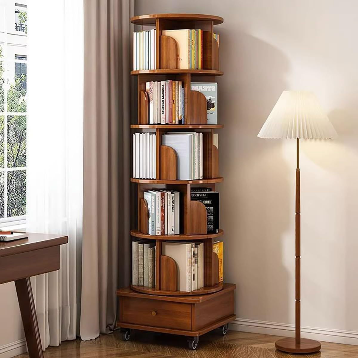 5-Tier Rotating Bookshelf Tower on Wheels - Space-Saving Wood & Metal Bookcase for Corners, Perfect for Living Room, Bedroom, or Study - Stylish Floor Standing Design