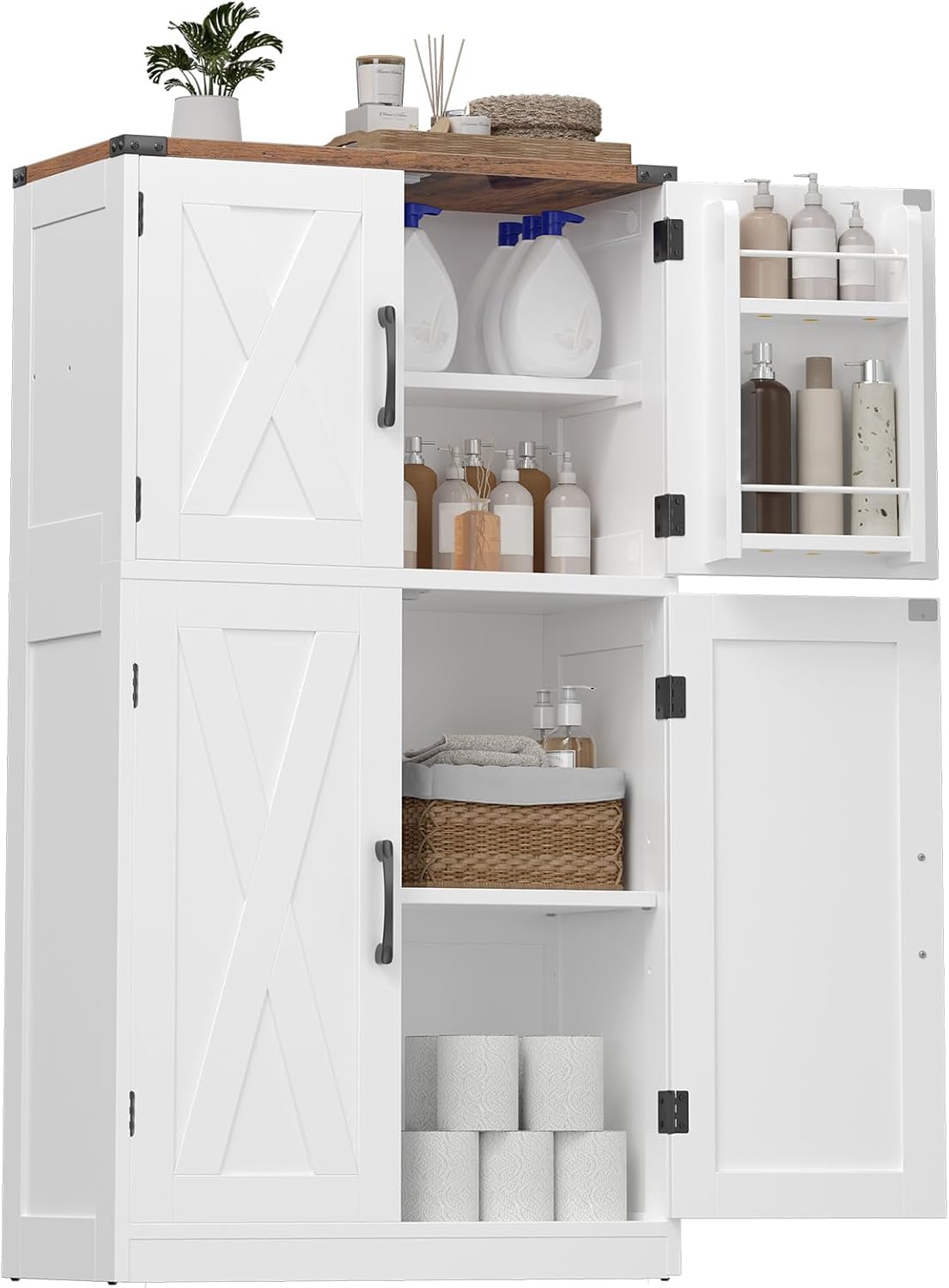 HOOBRO Bathroom Storage Cabinet, Farmhouse Freestanding Floor Cabinet with 2 Extra Hidden Storage Doors, Adjustable Shelves, Large Capacity, Easy Assembly, 11.8 x 23.6 x 43.5 Inches, White and Walnut