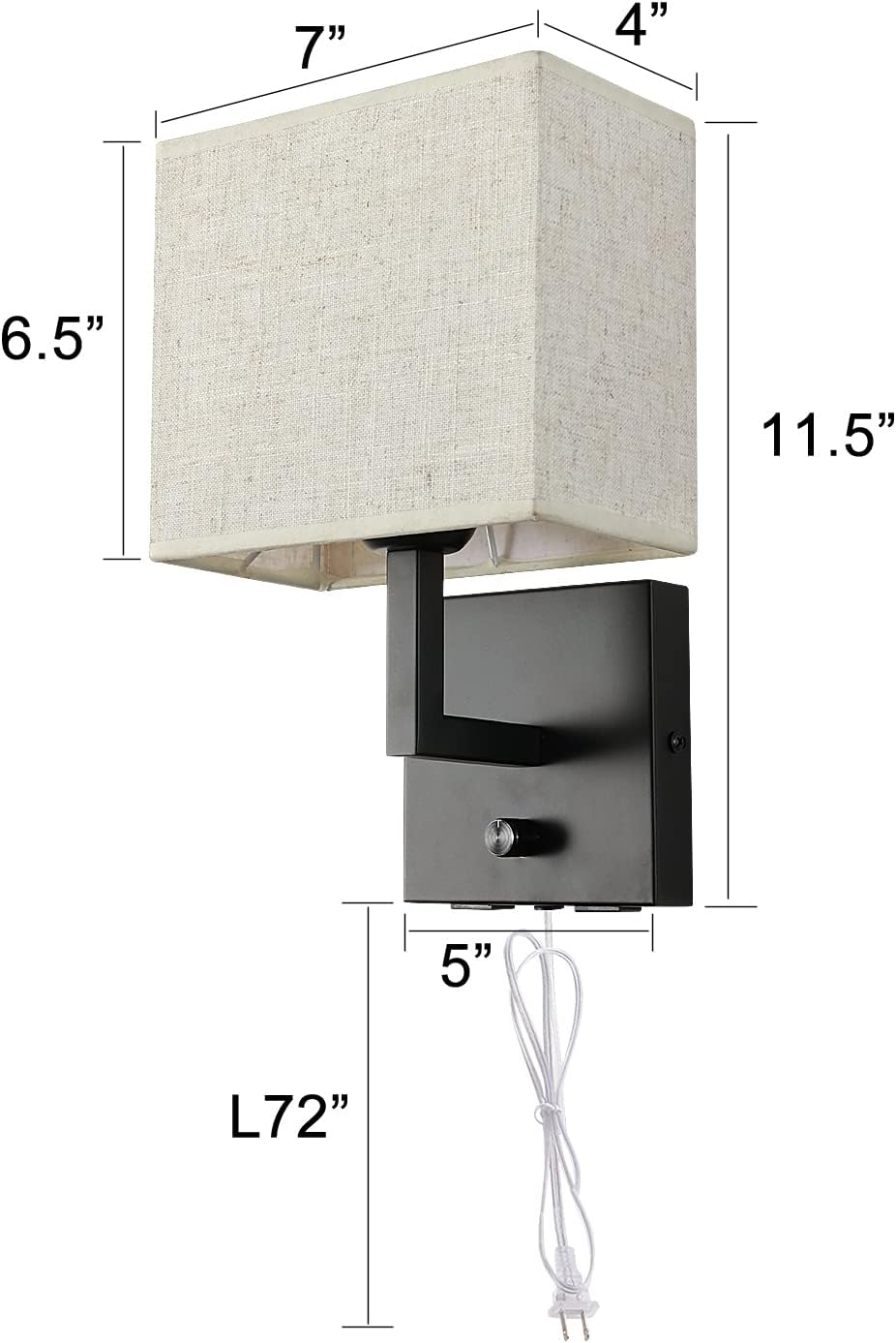 Bedside Wall Mount Light with Dimmer Switch and Two USB Charging Port, Fabric Linen Shade Wall Sconces Light with Plug in Cord, Black Wall Lamp Perfect for Bedroom, Living Room and Hotel