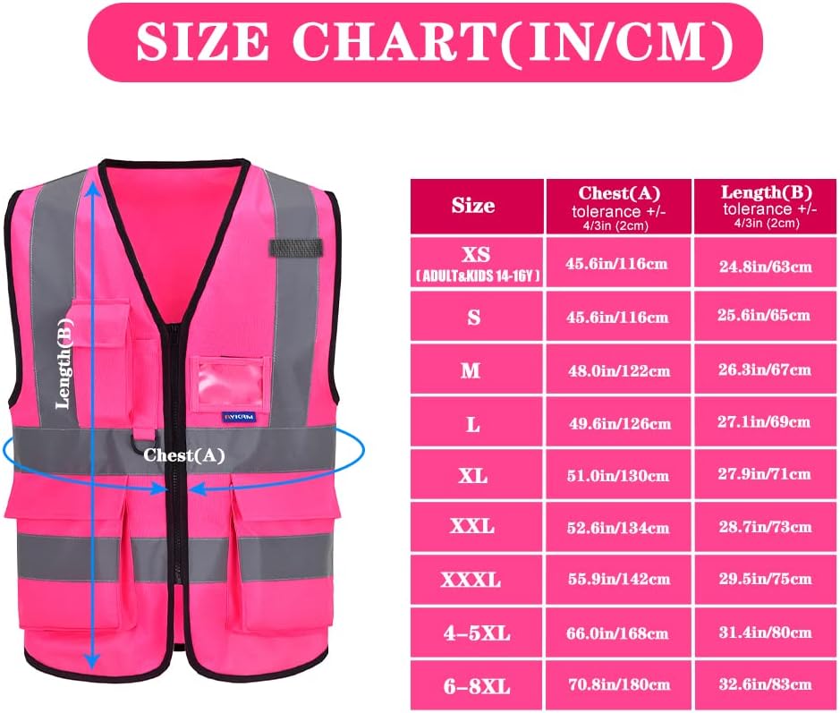 A-SAFETY Pink Safety Vest with Pockets Hi Viz Zipper Front Working Safety Vest with Reflective Strips, Multiple Colors Available,Large