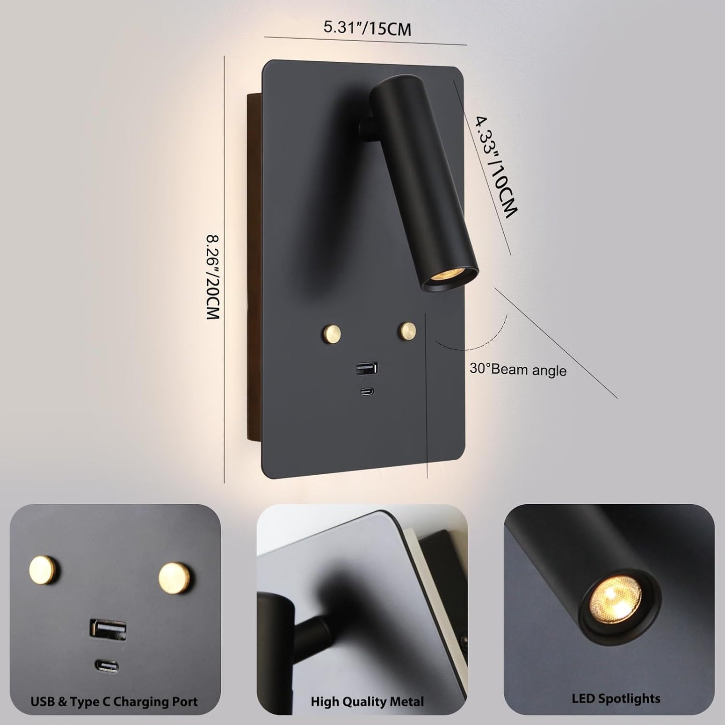 ZEROUNO Dimmable Wall Mounted Reading Light Set of 2,Adjustable Headboard Plug in Wall Sconce with USB A+C Ports,Touch Control Wall Light for Bedroom Bedside Lamps