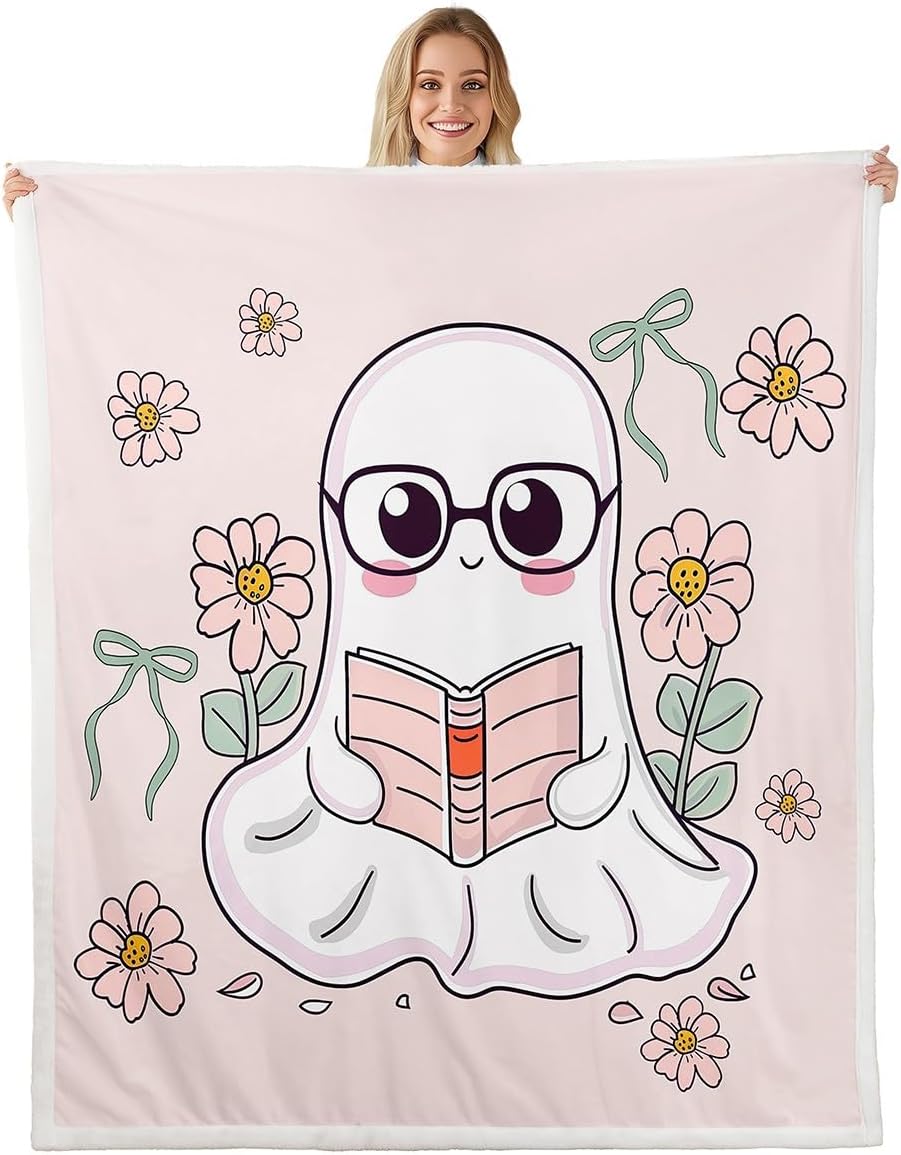 Erosebridal Kawaii Ghost Fleece Blanket Twin 60x80 Pink Spooky Ghost Reading Sherpa Blanket for Sofa Couch Halloween Flowers Fuzzy Plush Throw Soft Warm Exotic Goth Pattern
