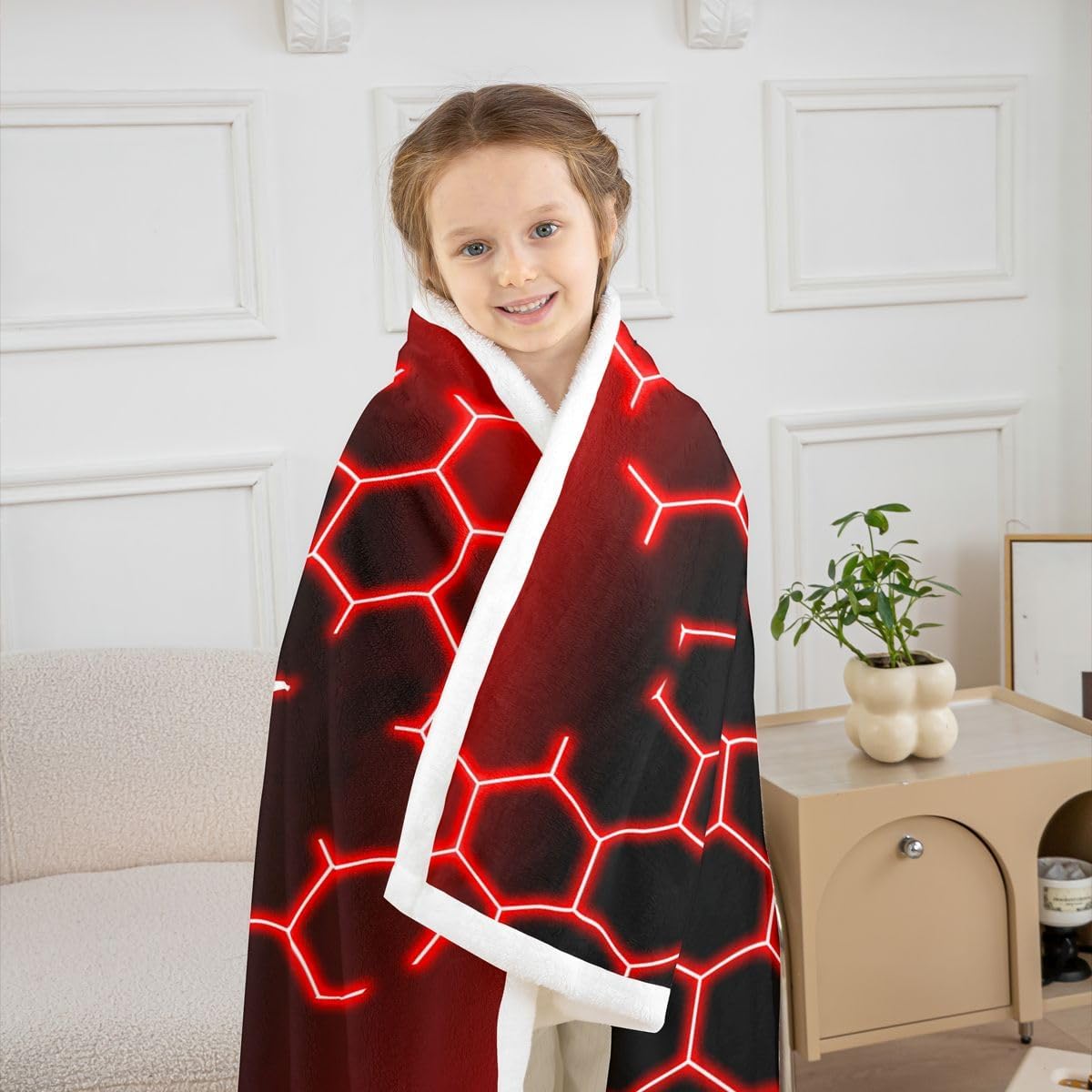 Feelyou Lightning Fleece Throw Blanket Twin 60"x80" for Bed Sofa Couch Red Honeycomb Fuzzy Blanket Geometric Gaming Design