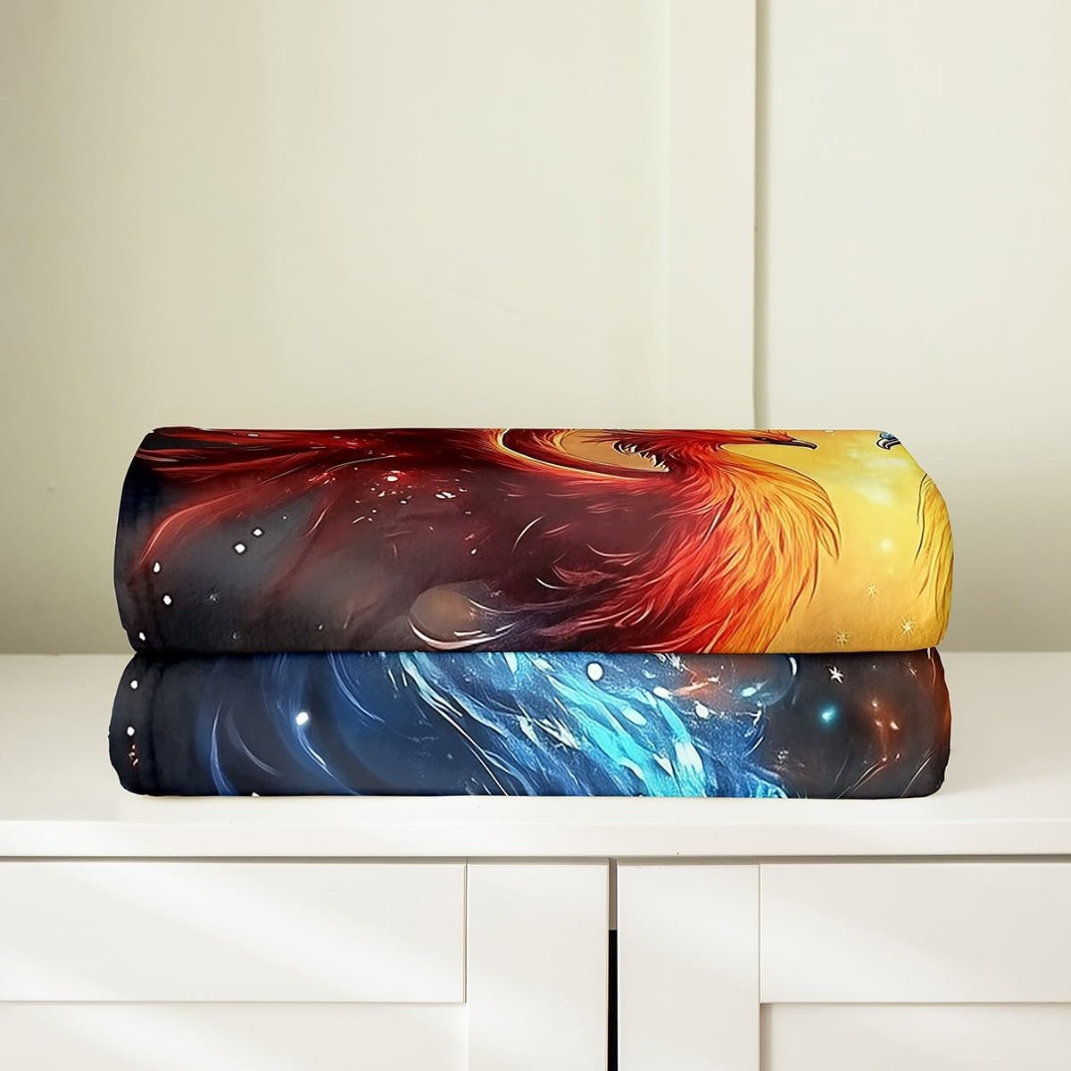 Erosebridal Couple Phoenix Blanket Twin 60X80 Ice Fire Phoenix Throw Blanket Magical Birds Animals Fleece Blanket Glitter Starry Sky Valentine's Day Fuzzy Blanket for Women Men