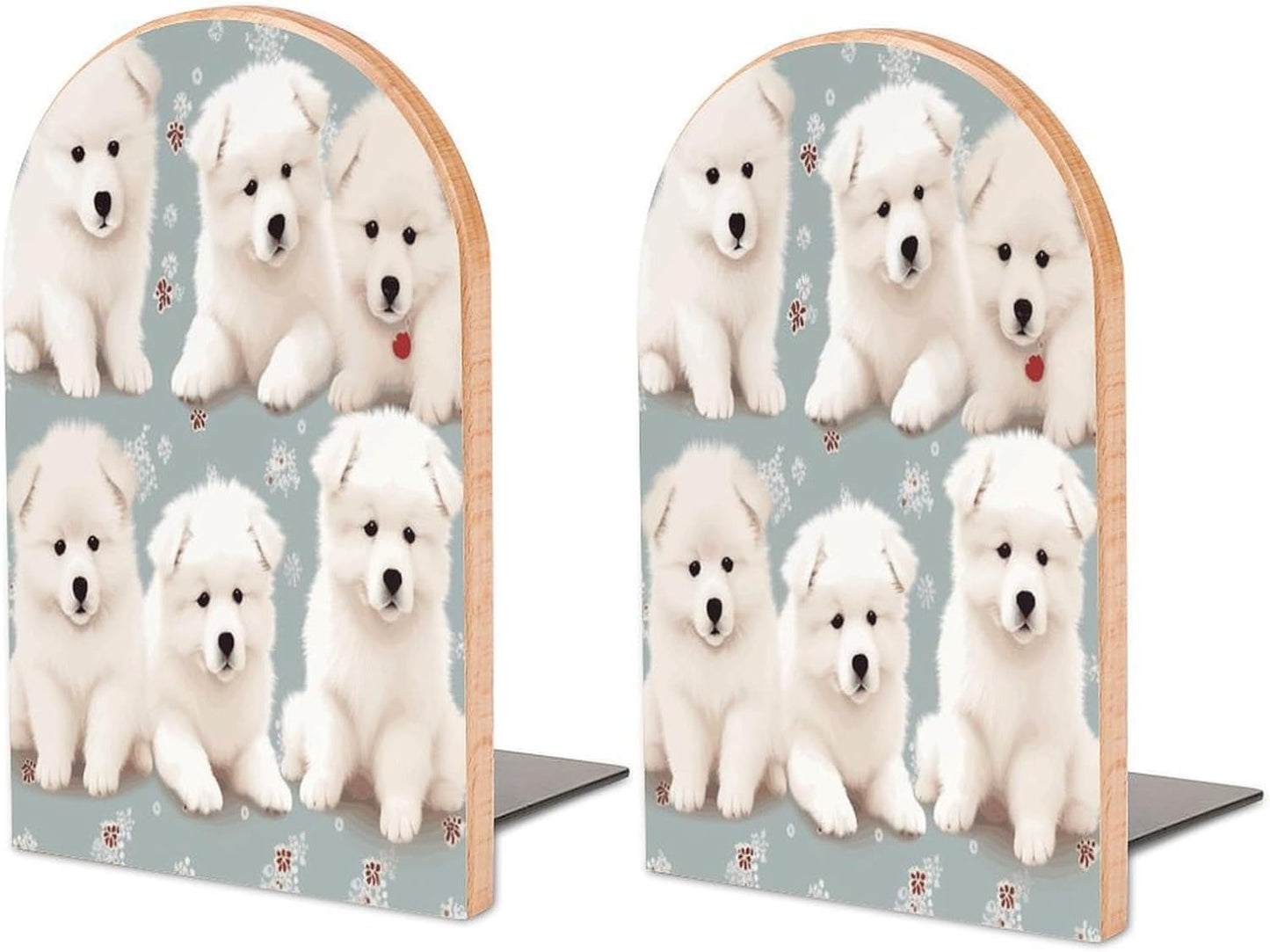 Little White Dogs Pattern Bookend for Shelves Wooden Book End Large Size Sturdy Book Holders Stoppers with Metal Base for Bookshelves Slick Decorative Bookends Stands