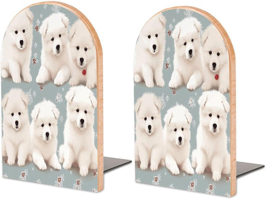 Little White Dogs Pattern Bookend for Shelves Wooden Book End Large Size Sturdy Book Holders Stoppers with Metal Base for Bookshelves Slick Decorative Bookends Stands