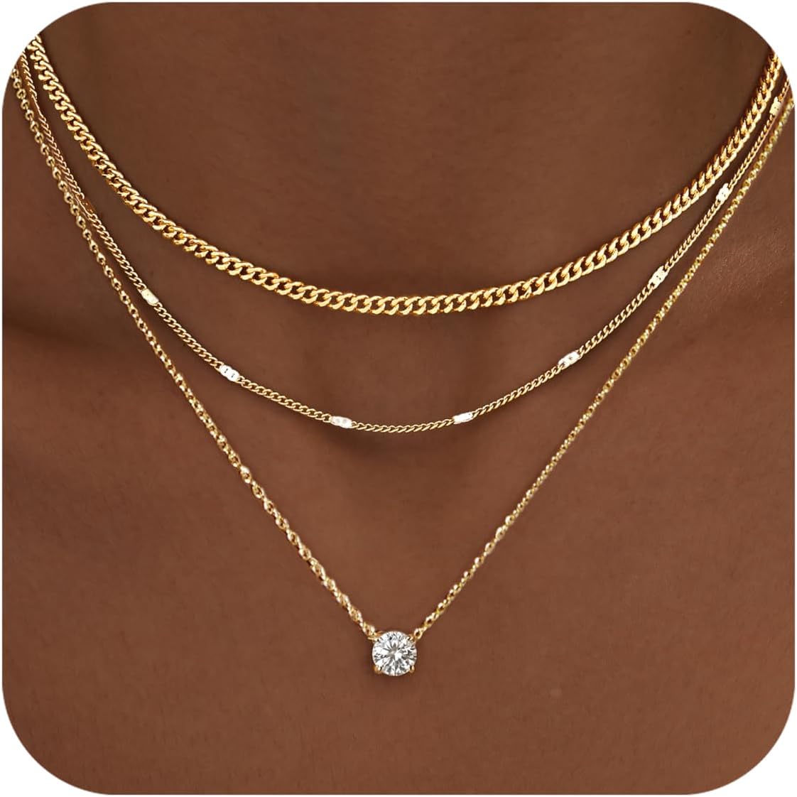 WomenGifts Layered Gold Necklaces for Women, 14K Gold Sterling Silver Plated Dainty Pendant Necklace Set with Cubic Zirconia Circle, Chunky Stackable Cuban Chain Choker, Trendy Personalized Birthstone Jewelry Gift Non Tarnish