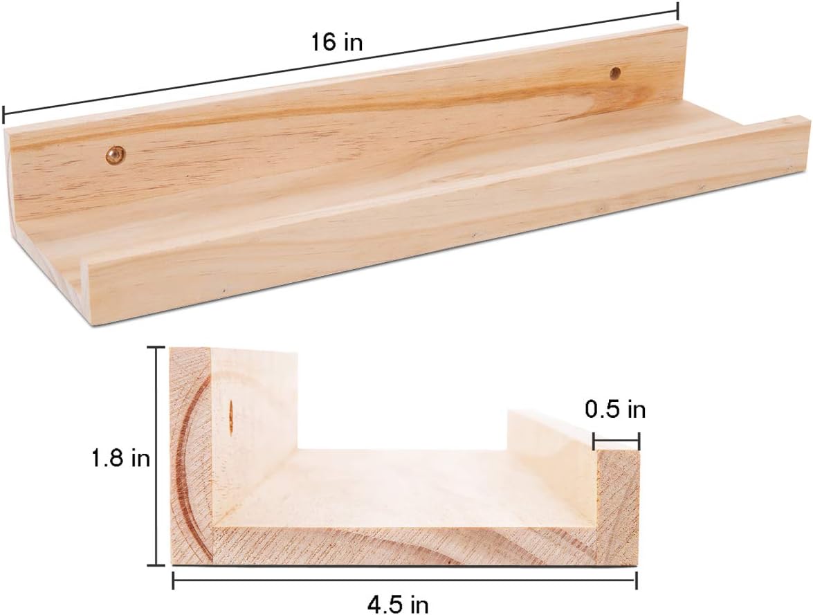 AZSKY Picture Ledge Shelf, Small Floating Shelves Set of 2, 16 Inches Nursery Book Shelves for Storage, Bookshelf Wall Mounted for Living Room Bedroom Decor Books Photo Frames,Natural