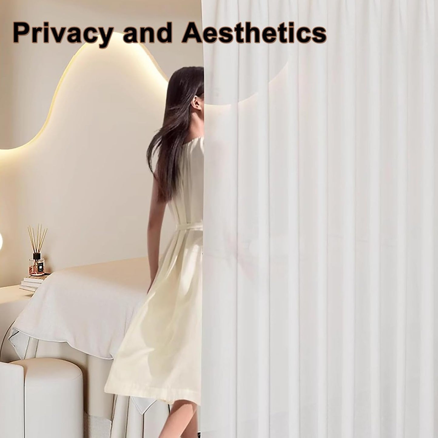 L-Shaped Room Divider Curtain, 90x47in Corner Sheer Voile Privacy Screen for Beauty Salon, Studio Apartment, Bedroom Partition, Decorative Wall Mount Privacy Curtains with Metal Rods (White)