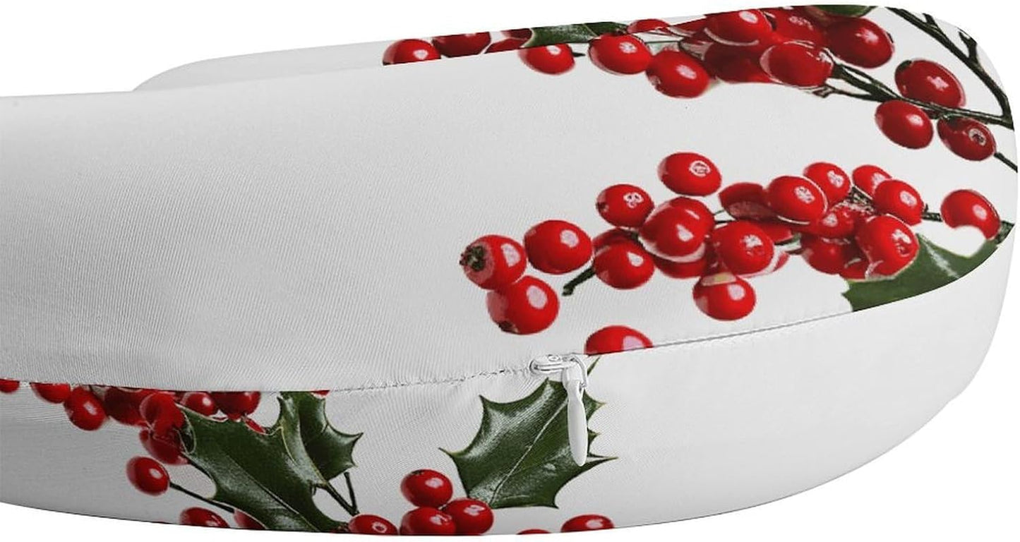 Holly Berry Branches Neck Pillow Memory Foam U Shaped Pillows Portable Pillows for Shoulder Travel Head Support Pillow with Concealed Zipper for Airplane Car Home Office