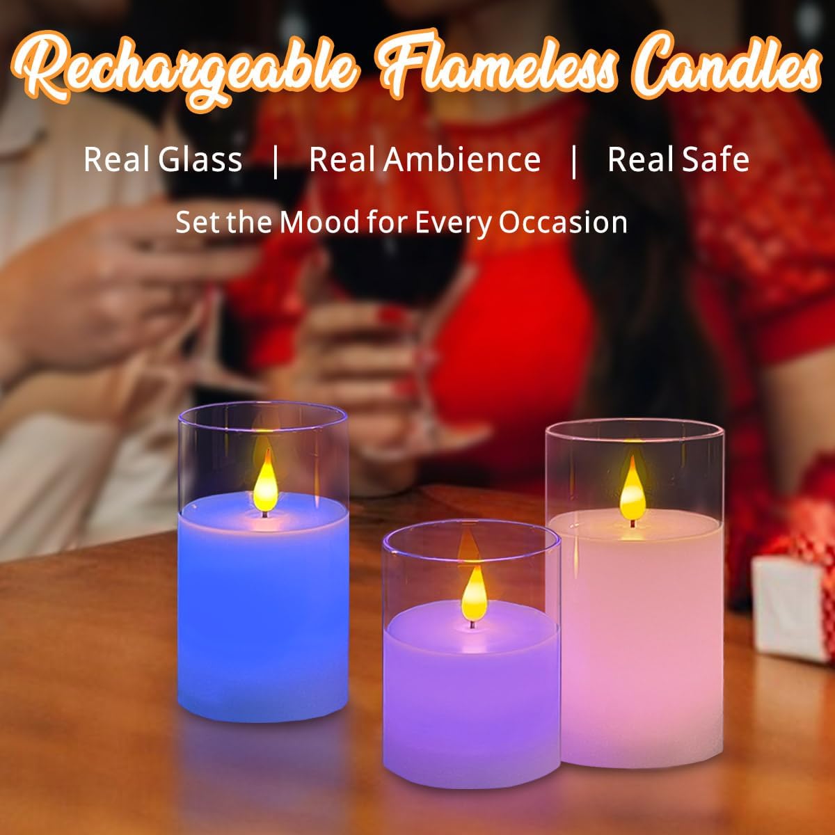 Rechargeable RGB Flameless Candles, Clear Glass LED Pillar Candle with Remote & Timer, Set of 3 — Color-Changing Decorative Candles for Living Room, Bedroom, Holiday Décor & Gifts for Women