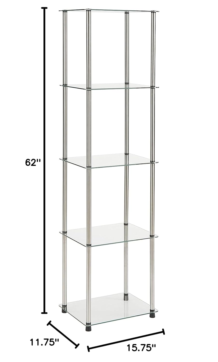 Convenience Concepts Designs2Go Classic Glass 5 Tier Tower 15.75" - Modern Media Storage Bookshelf for Living Room, Display Bookcase for Family Room, Bedroom, Bathroom, Office, Glass/Chrome