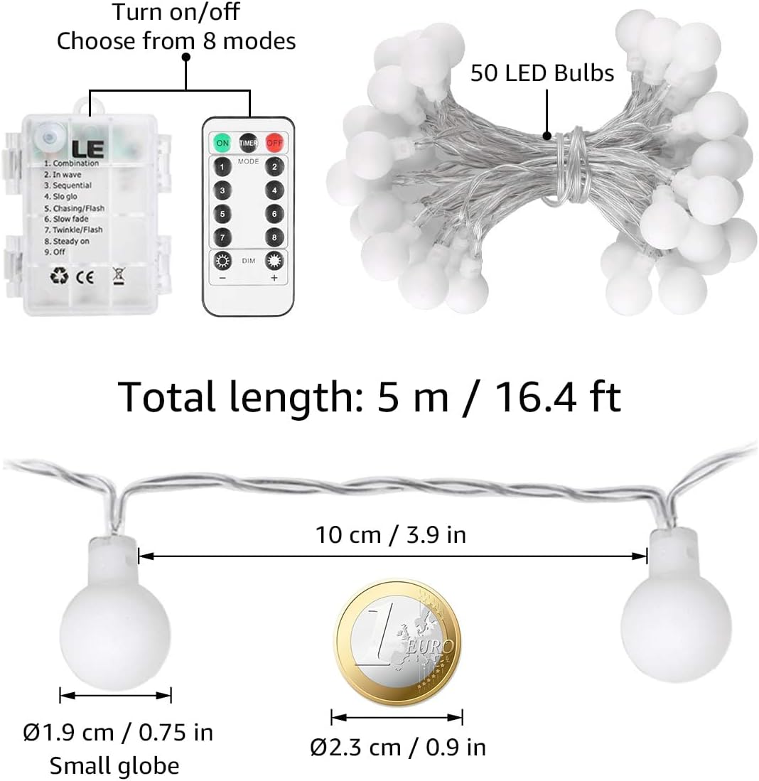 Lighting EVER Globe String Lights Battery Operated, 16.4ft 50 LED Small Ball Decorative Fairy Light with Remote and Timer, Hanging for Bedroom, Teen Room, Dorm, Teepee, Balcony, Camping Tent