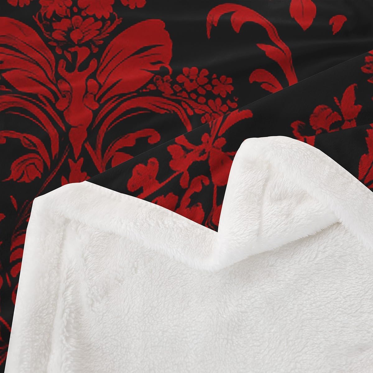 Feelyou Red Black Vintage Damask Sherpa Blanket - Oriental Antique Fleece Throw for Boys & Girls - Gothic Bohemia Floral Plush Luxury Flower Fuzzy Blanket for Sofa, Bed, Couch - 50"x60"