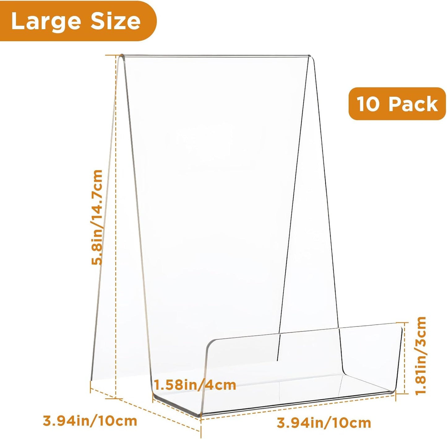 10pcs Clear Acrylic Book Stand with Edge – Large Size (6" x 4" x 4") – Transparent Display Easel for Books, Tablets, Artworks, CDs, Photos & More