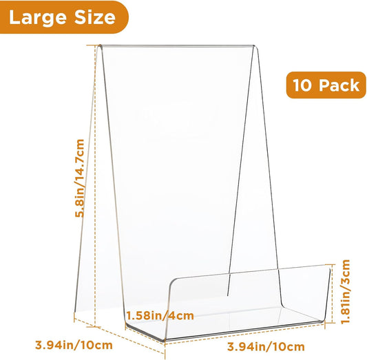 10pcs Clear Acrylic Book Stand with Edge – Large Size (6" x 4" x 4") – Transparent Display Easel for Books, Tablets, Artworks, CDs, Photos & More
