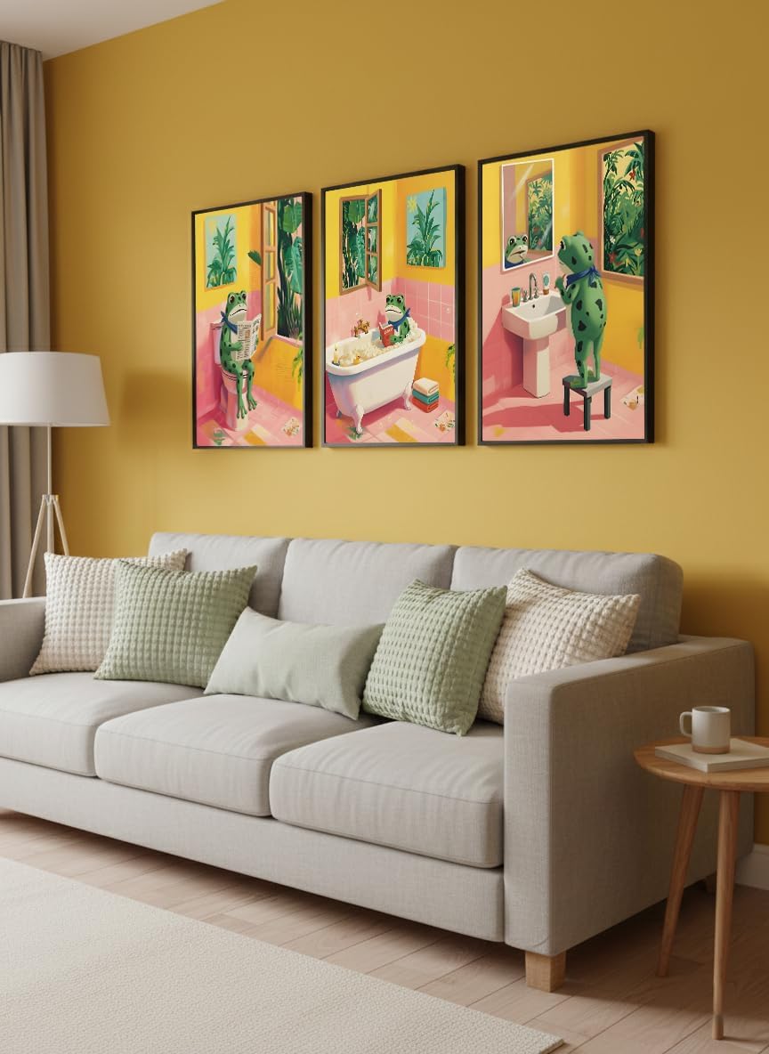 3 Piece Funny Frog Bathroom Wall Art, Unframed Whimsical Pink & Yellow Canvas Prints, Cute Animal Core Morning Routine Decor for Kids & Guest Restroom - Reading, Brushing Teeth, Bathing Scenes