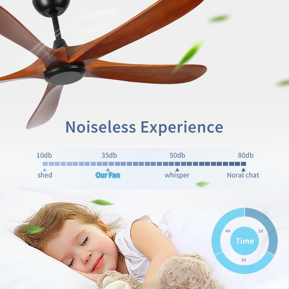 60 inch Wood Ceiling Fan No Light,Low Profile Ceiling Fan without light,6-Speed Noiseless DC Motor Reversible,Timer,Remote Control for Bedroom Living Room Outdoor Patio Porch