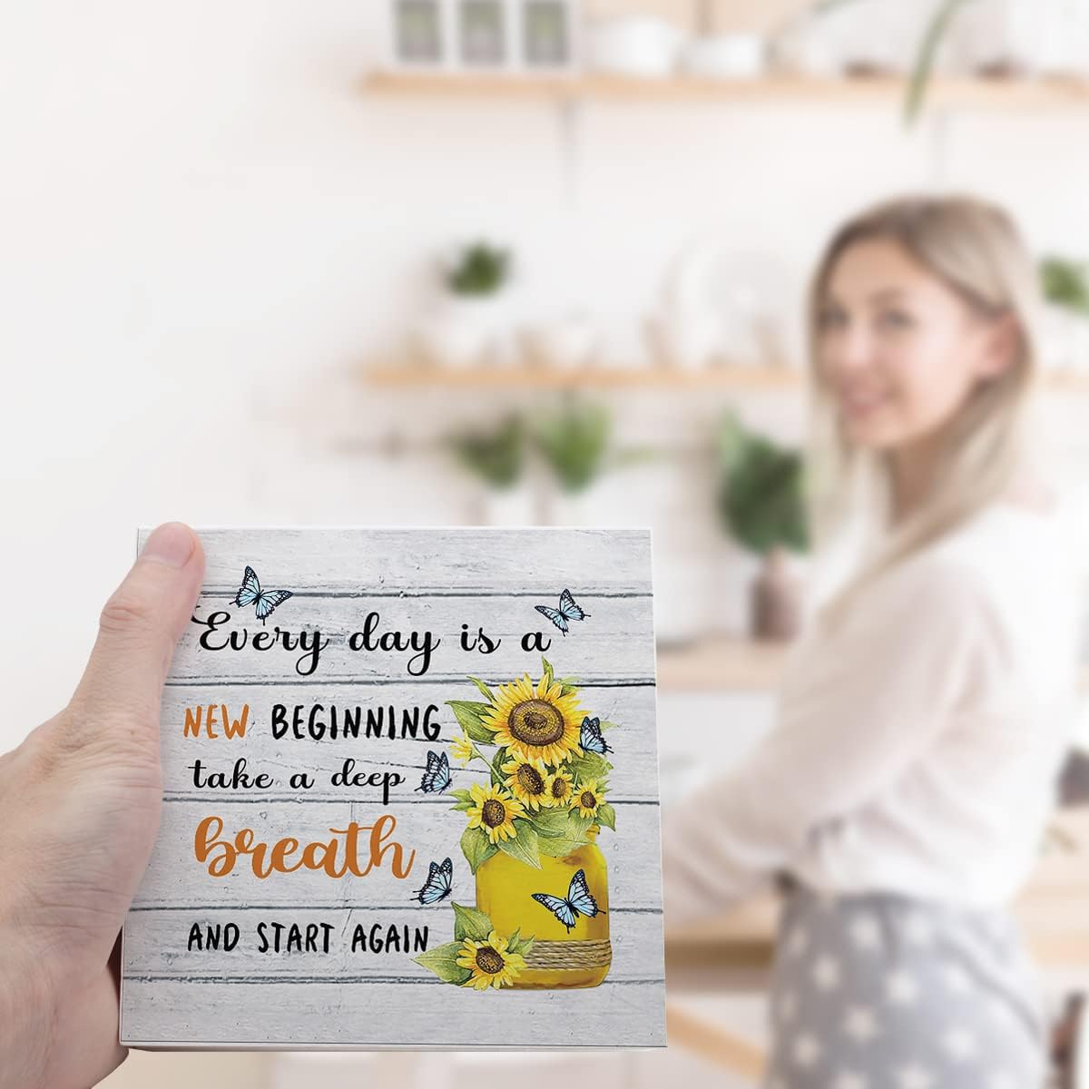 Everyday Is A New Beginning Farmhouse Sunflowers Wooden Sign Desk Decor, Inspirational Wood Block Signs for Home, Bedroom, Office