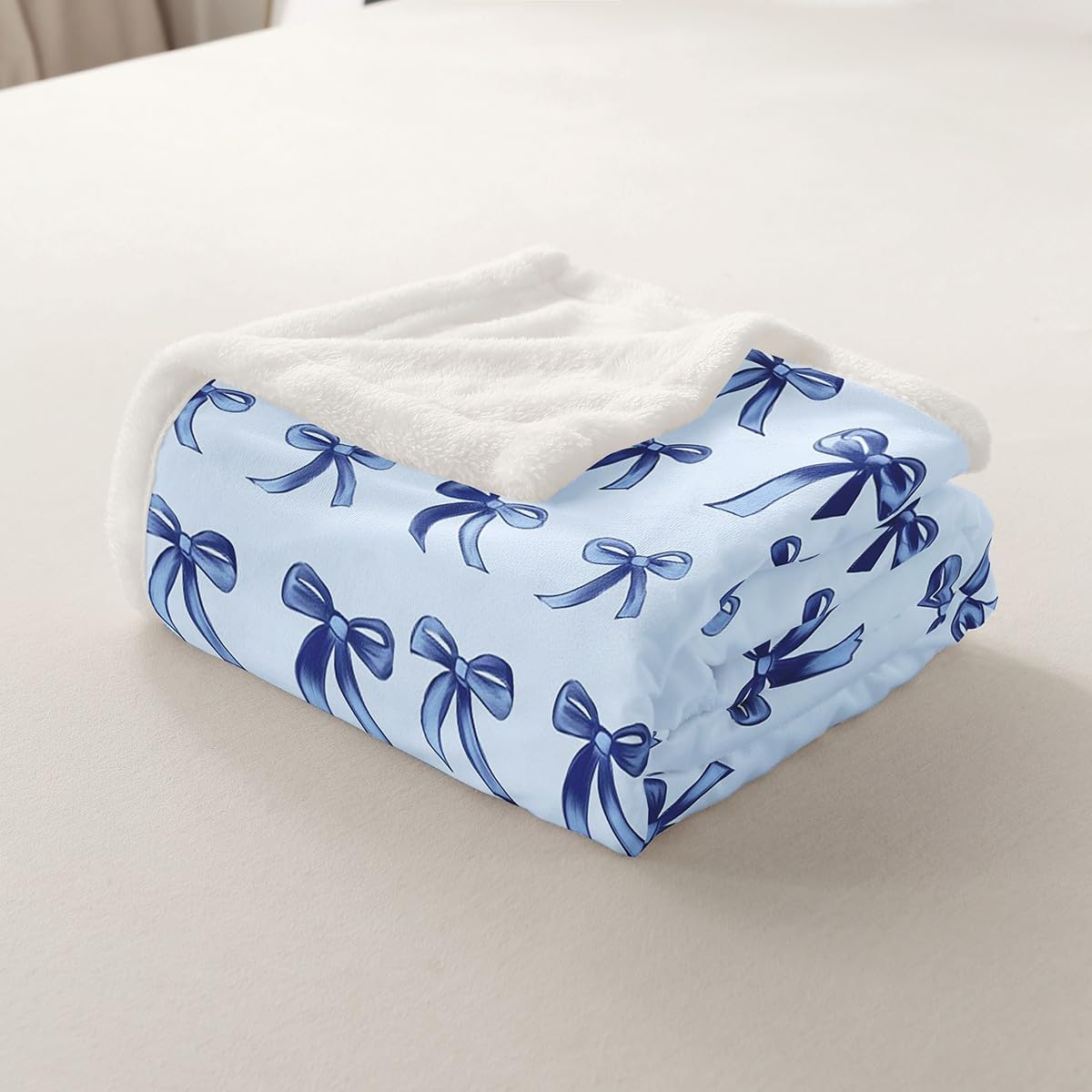 Erosebridal Bowknot Blanket Twin Size, Kawaii Simple Bows Microfiber Cozy Throw Blanket, Cute Cartoon Dreamy Printed Kids Teens Fleece Blanket for Sofa Bed, Baby Blue Ribbon Fluffy Sherpa Blanket