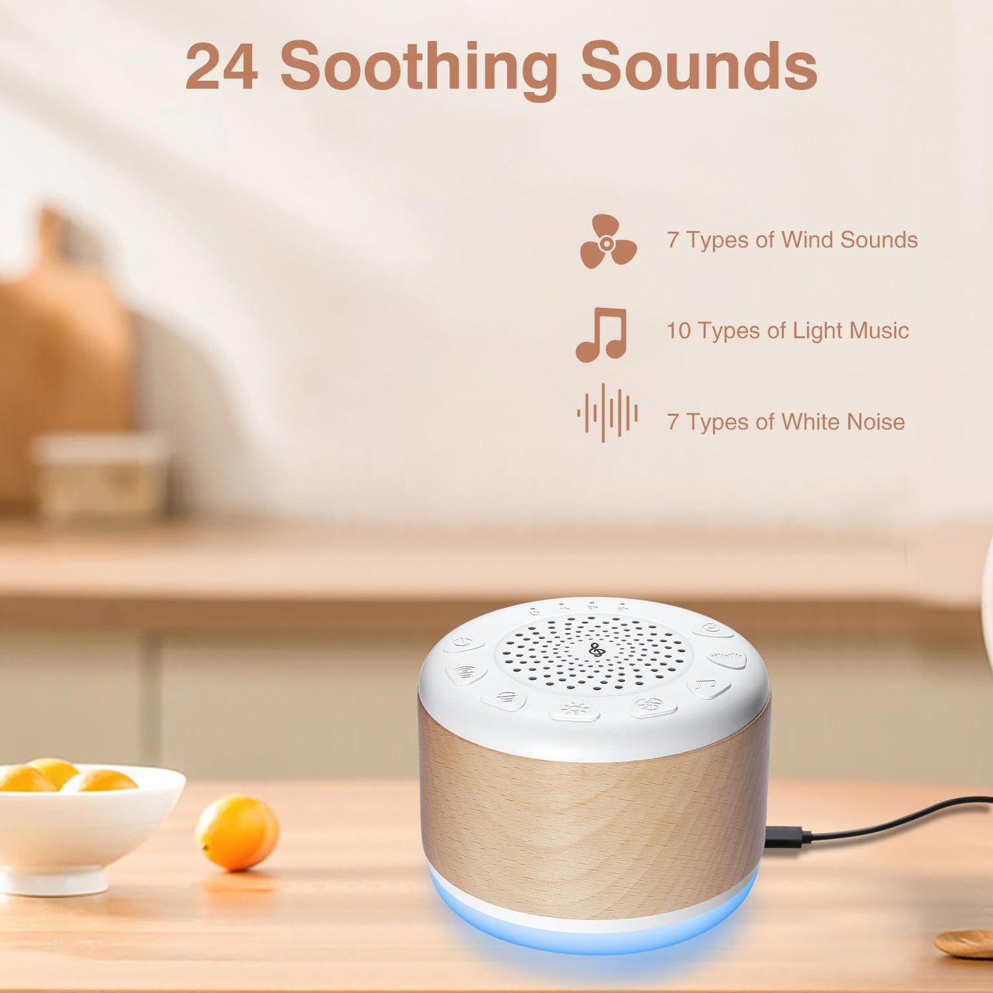 Solid Wood White Noise Sound Machine for Baby Adults Kids Sleep Sound Machine with 24 Soothing Sounds 8 Colors Night Light Timer Setting Function Portable Noise Machine for Gift (White, 3.93)