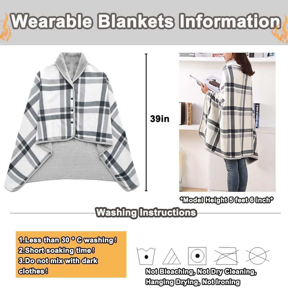 Fleece Wearable Blanket Poncho for Women 55 x 39 Plaid Lap Blankets Comfy Throw Shawl with Button for Bed Sofa Office