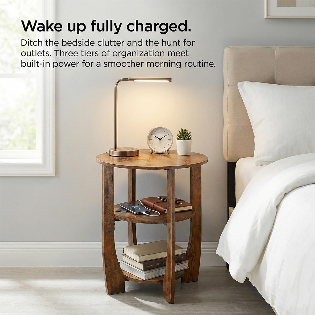 Round Side Table with Charging Station,3 Tier End Table with USB Ports & Outlets,19.7" Nightstand for Bedroom,Living Room,Small Spaces,Rustic Brown Wood Look Accent Table