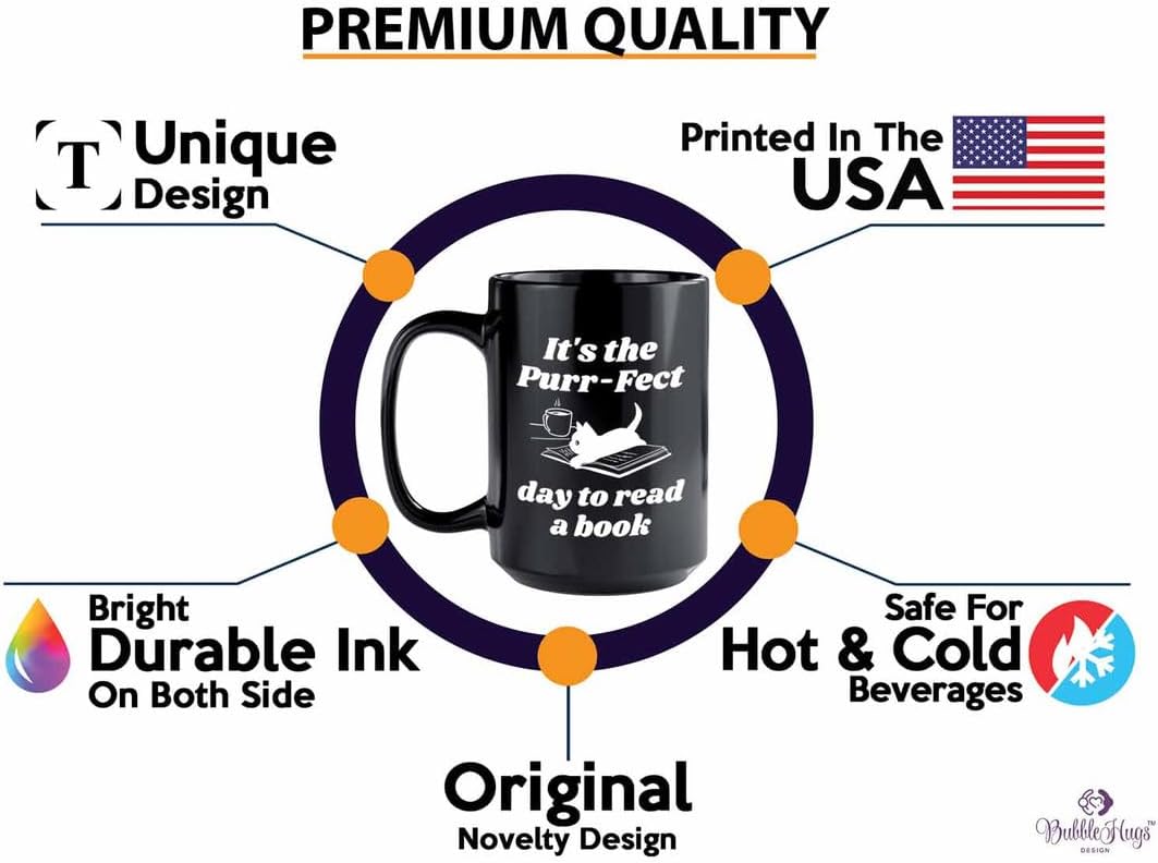 Reading Coffee Mug 15oz Black - Purr-fect Day Read a Book - Reader Gift Bookworm Owl Lover Cat Lover Book Lover Novelist Librarian Writer