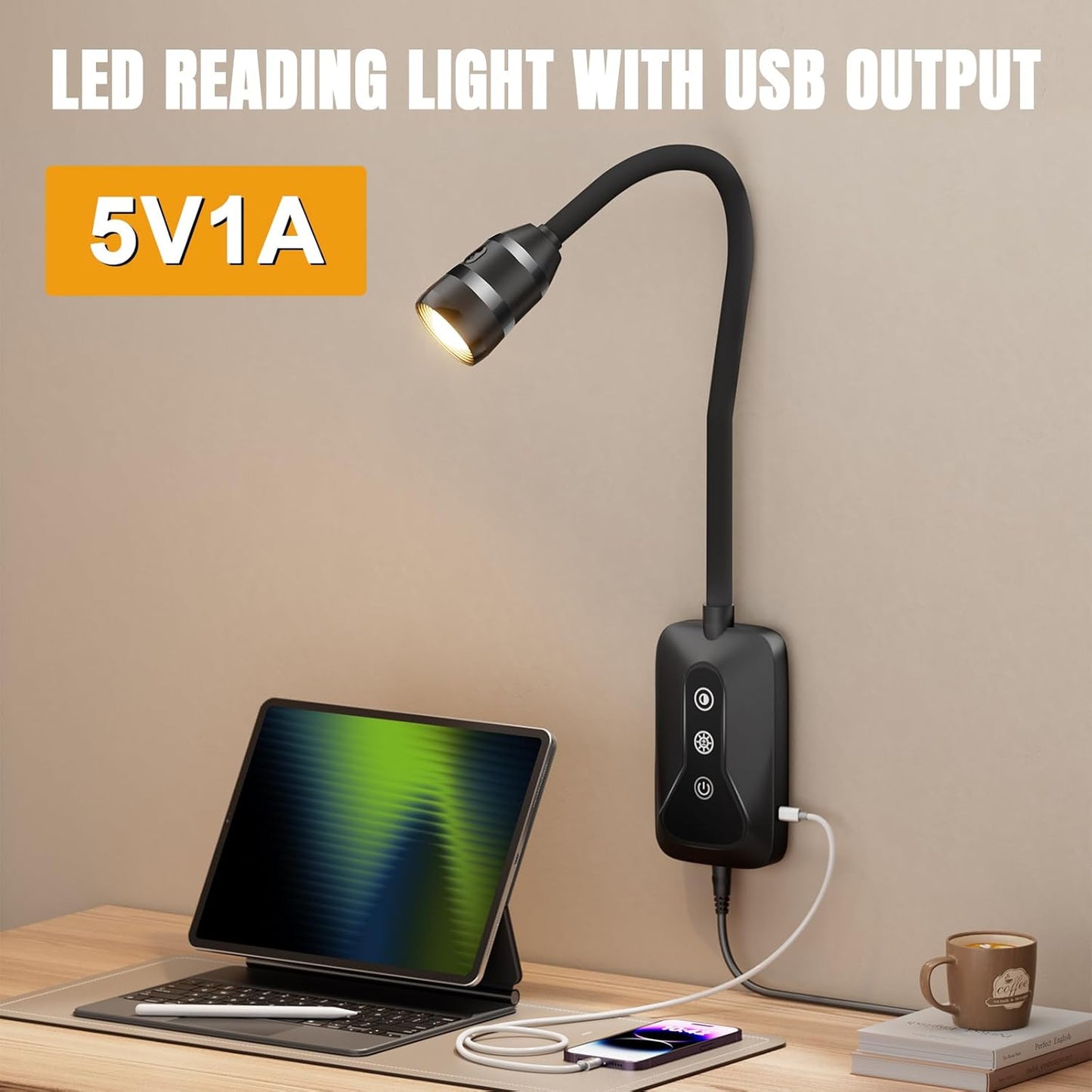 2 Pack Wall Mounted Headboard Reading Light, LED Dimmable Touch Control, Ideal for Bedside, Office, or Reading (Black)