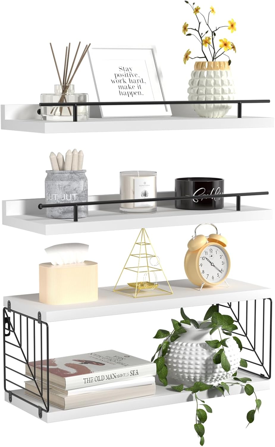 Floating Shelves for Wall, Floating Shelf for Bathroom Set of 3, Floating Shelf for Wall with Toilet Paper Holder for Bathroom, Bedroom, Living Room, Kitchen, Office (White)