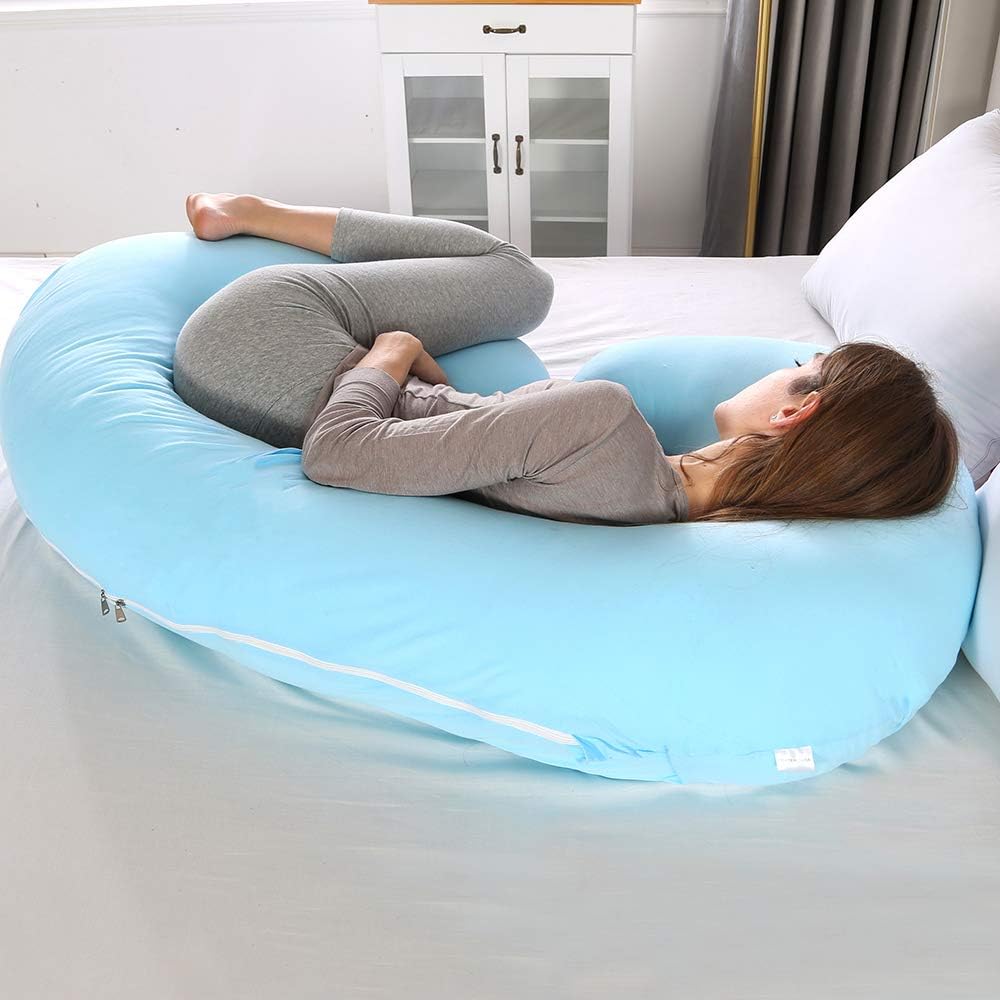 CDEN Pregnancy Pillow, C Shaped Full Body Pillow 52", Maternity Pillow Support for Back, Legs, Neck, HIPS for Pregnant Women with Removable Washable Jersey Cover(LIGHTBLUE)
