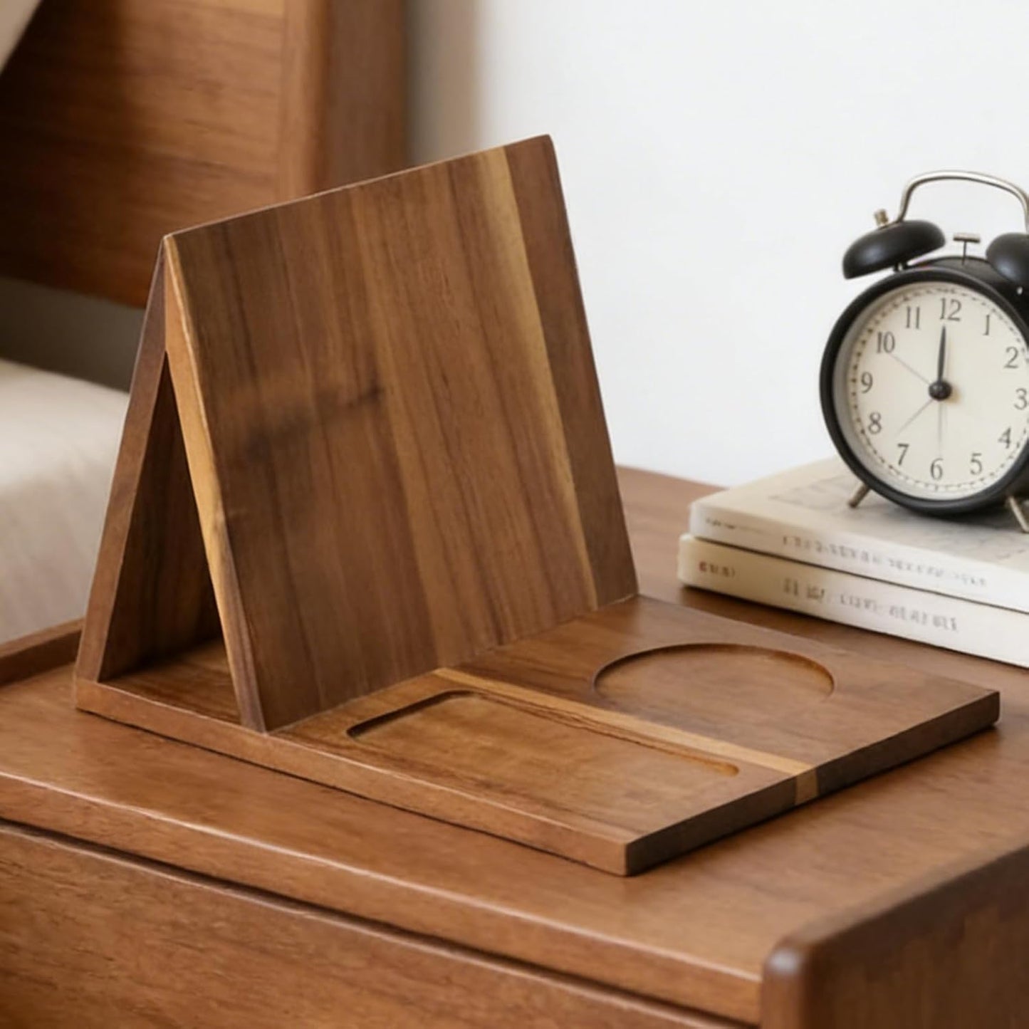 Book Rest - Wooden Triangle Book Stand with Cup and Phone Slot, Page Holder Display for Home Decor, Bedroom, Living Room, Office, School, Desk, Nightstand