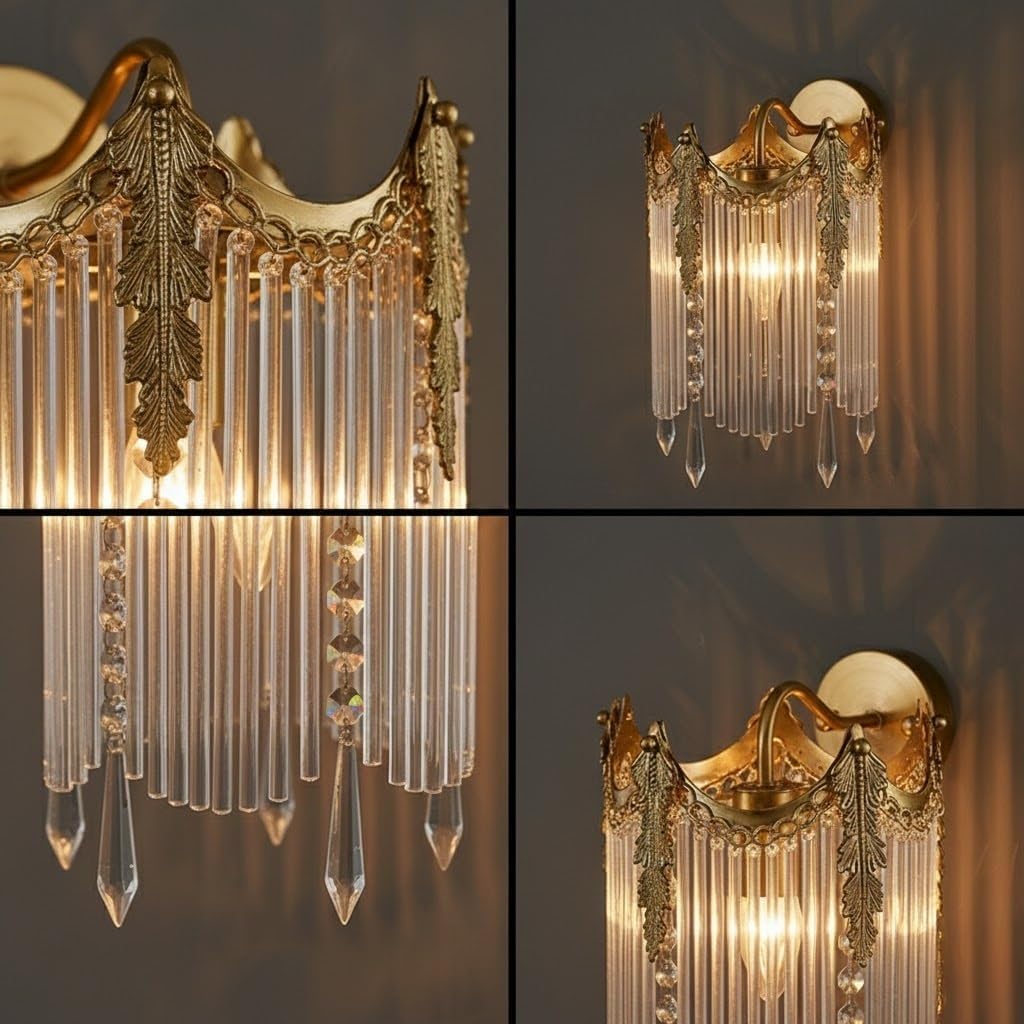 Bedside Wall Lamp, Crystal Wall Sconce, Gold Brass Wall Light with Cascading Crystals for Bedroom, Living Room, Hallway, Entryway, Hotel, Villa, European Style, Guest Suite Surface