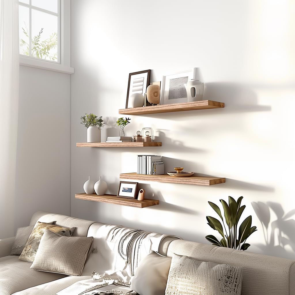 PHPH Wood Floating Shelves for Wall, Wooden Wall Shelves for Bedroom, Set of 6 Light Brown 17 Inch