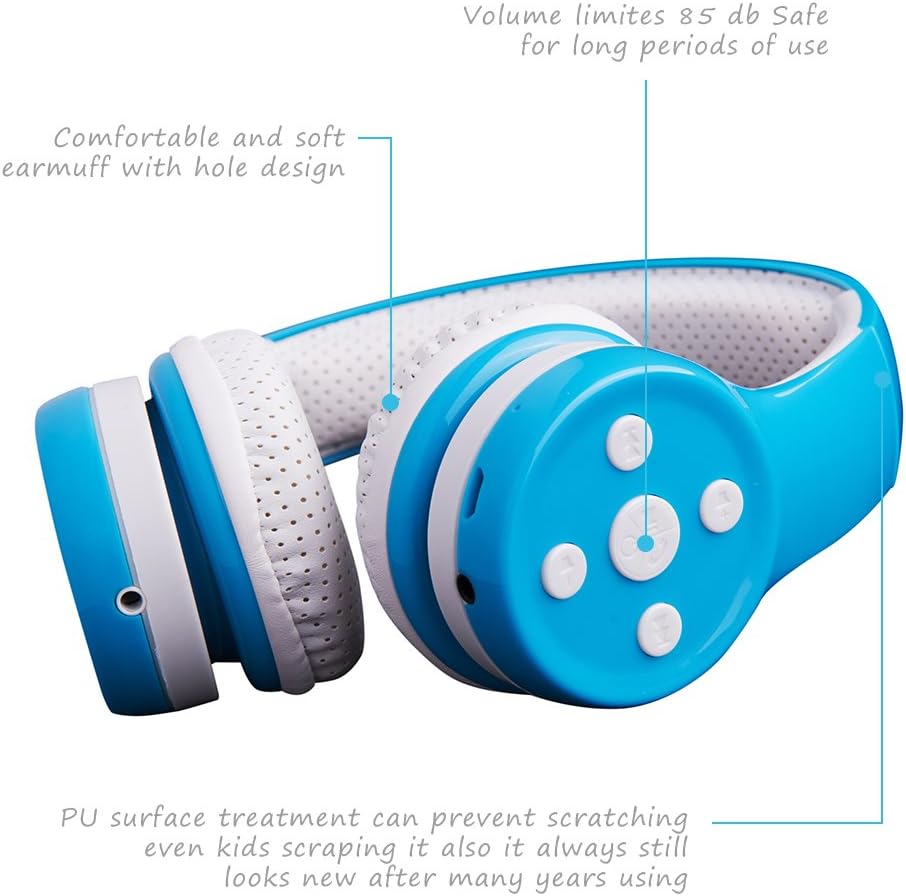 Kids Wireless Headphones, Bluetooth Toddler Headphones with 5 Button Easy Use, 93dB Volume Limited, Foldable with Built-in Mic for Cell Phones TV Tablet School Network Boys Girls (Light Blue)