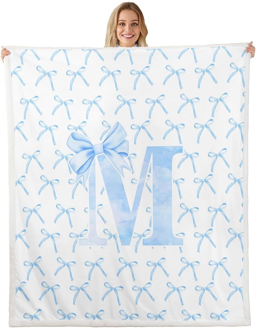 Cartoon Bowknot Kids Throw Blanket,Blue Bow Tie Letter M Knot Princess Girls Women Bed Blanket,Watercolor Bow Patchwork Blue White Fuzzy Blanket,Throw Size (50 x 60 Inches)