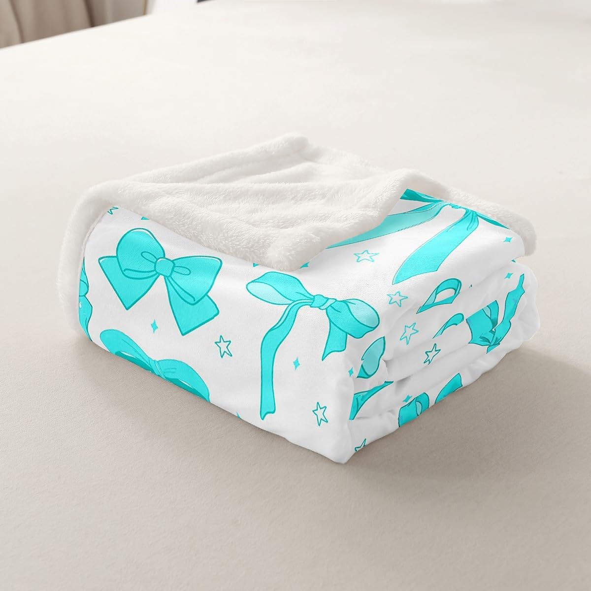 Feelyou Teal Blue Bowknot Decoration Soft Cozy Fleece Blankets 50x60 Inches for Girls Adults Watercolor Teal Bow Kids Kawaii Throw Blankets Dreamy Princess Style Fleece Flannel Throws