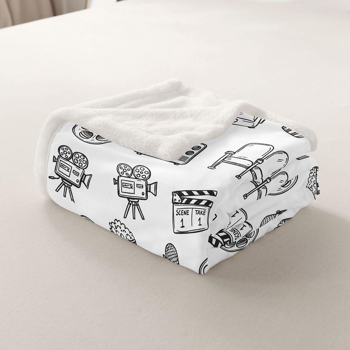 Feelyou Cinema Pattern Throw Blanket White Line Art Movie Soft Fleece Sherpa Cozy Fuzzy Plush Warm Retro Cinema Aesthetic Fuzzy Plush Throw Cute Movie Queen 90"x90" for Bed Couch Living Room