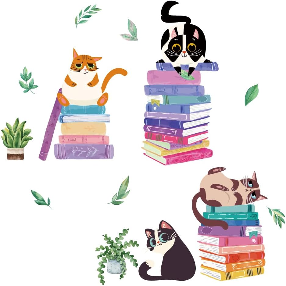 SUPERDANT Cats Reading Wall Sticker Book Plants Wall Decal Peel and Stick Classroom Vinyl Art Decals Cat Kitty Nursery Decor for Kid's Room Bedroom Livingroom Study Room Decoration Back to School