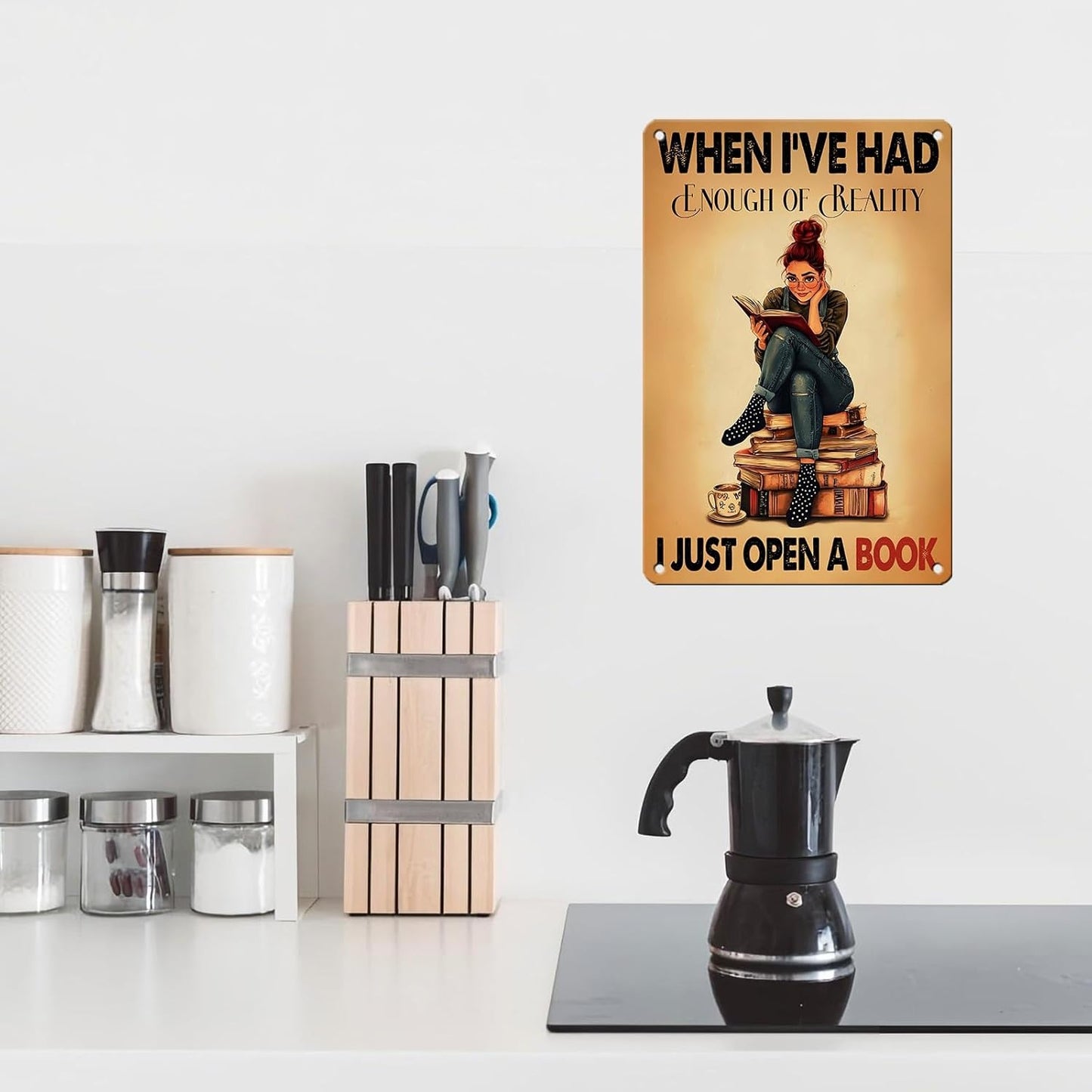 Woman Book Metal Tin Sign When I'Ve Had Enough Of Reality I Just Open A Book Vintage Tin Sign Library Study for Home Bar Pub Kitchen Garage Restaurant Wall Deocr 12 * 8inch