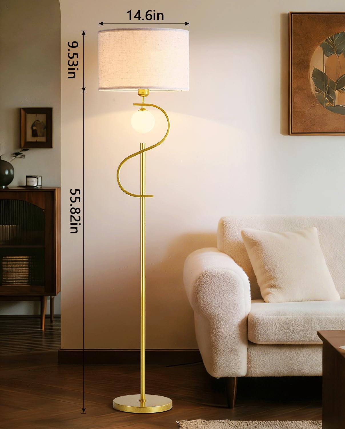 63" Vintage Gold Floor Lamp with Spherical Light, Mid-Century Modern Linen Shade Standing Lamp for for Living Room Reading House Bedroom Home (LED Bulb Included)