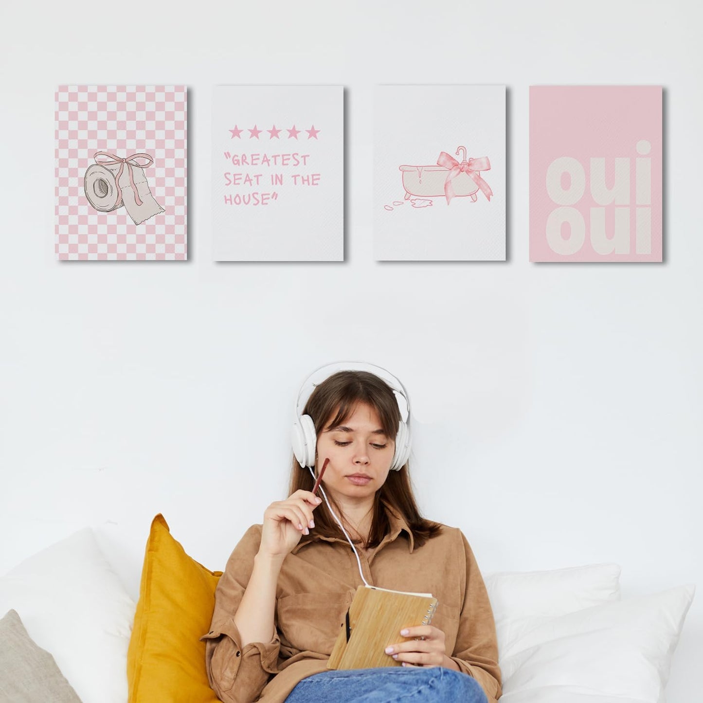 JINYO Coquette Pink Bow Trendy Bathroom Canvas Wall Art Framed Set of 4, Preppy Girly Aesthetic Pink Wall Decor Posters Pictures for Girls Bathroom Washroom Restroom, 8x10inch