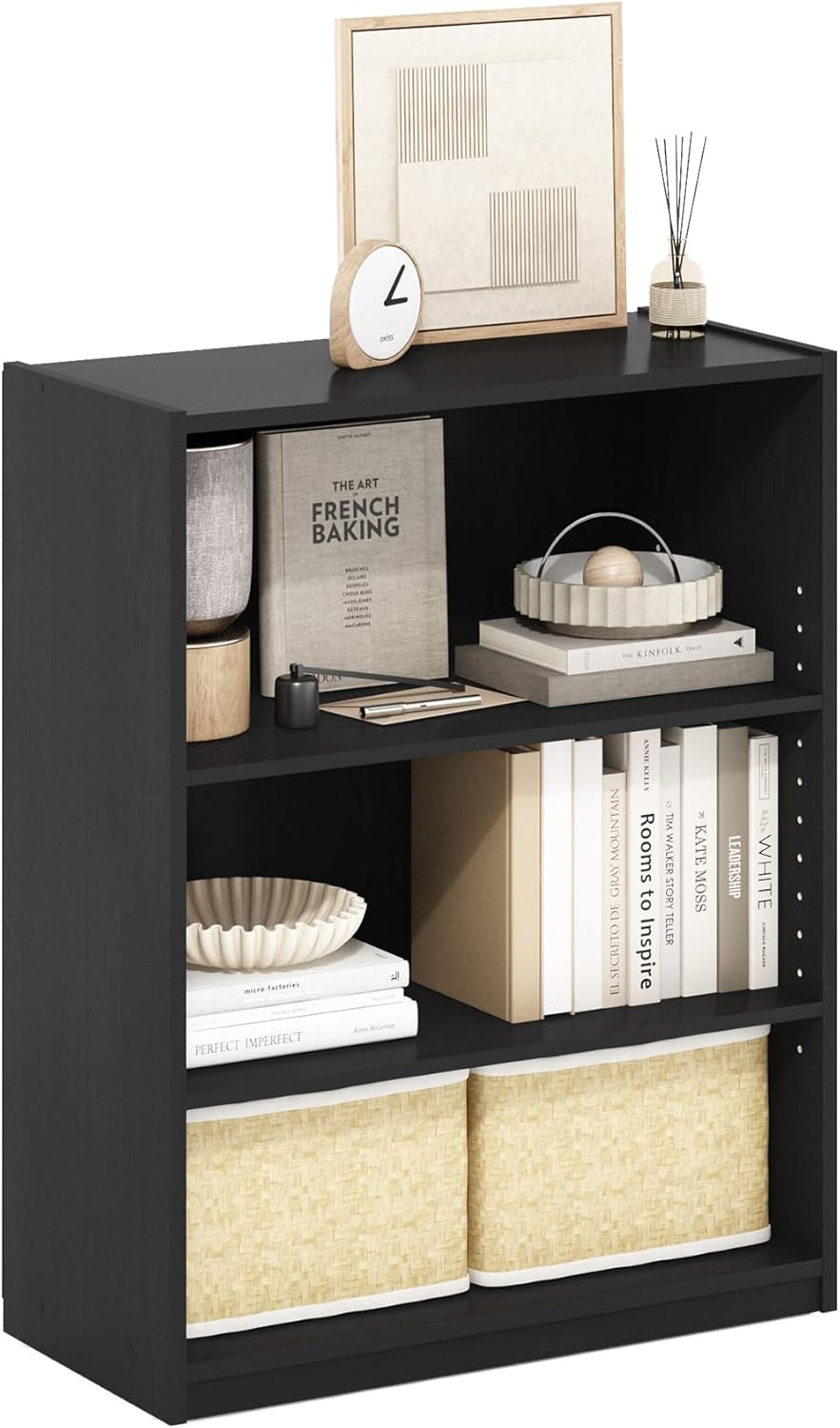 Furinno GEHRY Book Shelf, 3-Tier Bookshelf, Bookcase with Adjustable Shelves, 11.6 x 24.8 x 31.6, for Living Room, Bedroom, Home Office, Blackwood