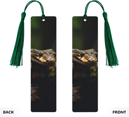 Snake Resting on a Log Bookmarks Gifts for Women Men, Wooden Bookmarks for Book Lovers, Vintage Book Marks Ornaments with Tassel, Unique Personalized Reading Page Markers Dark Green